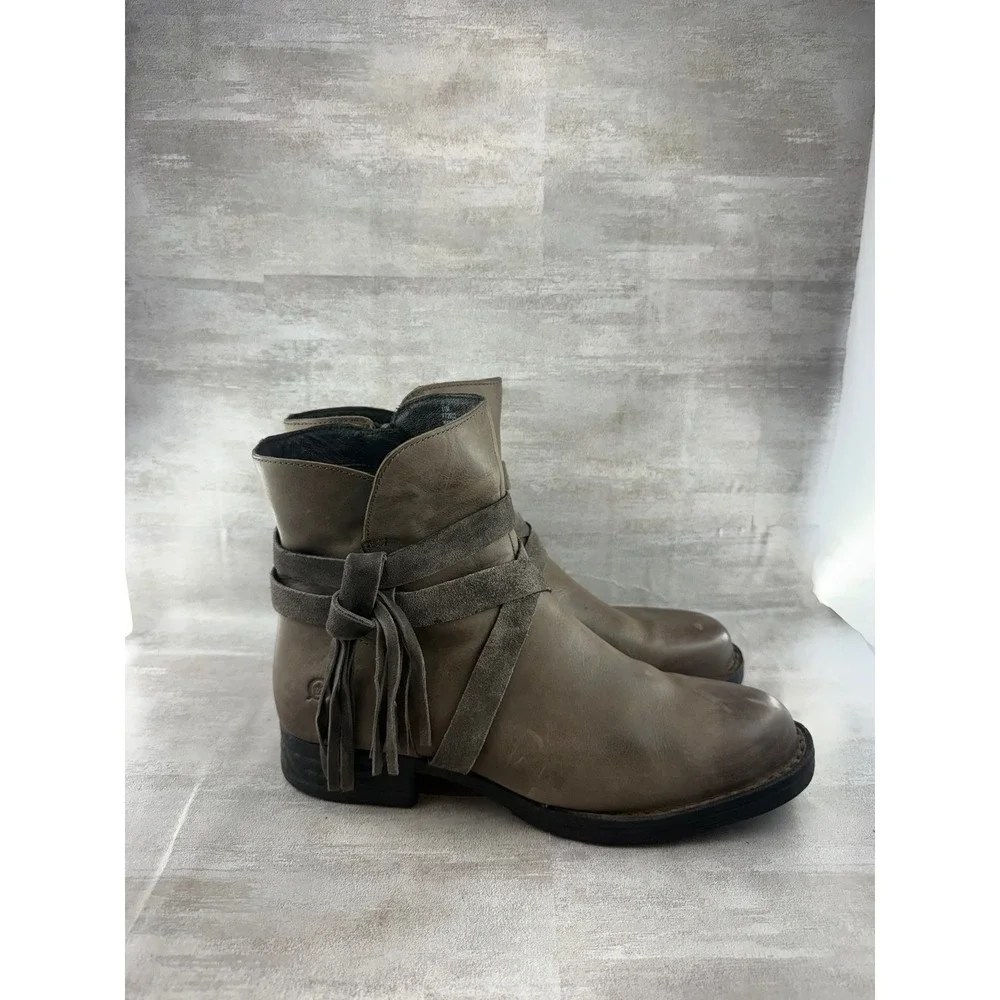 Born Women Taupe Leather Fringe Tassel Ankle Boots F72022 Size 11M